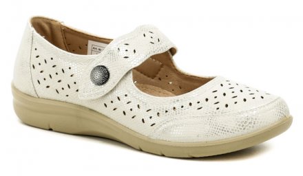 Dámská letní vycházková obuv na mírném klínku se zapínáním přes nárt na suchý zip, vyrobená z kombinace syntetické a přírodní kůže.