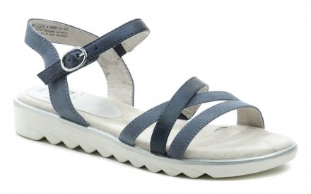 Dámská letní  vycházková sandálová obuv se zapínáním na pásek kolem kotníku, vyrobená ze syntetické kůže v kombinaci s textilním materiálem.
