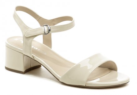 Dámská letní vycházková sandálová obuv na podpatku se zapínáním na pásek se suchým zipem kolem kotníku, vyrobená z kombinace ze syntetického materiálu.