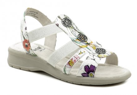 Dámská letní vycházková obuv šíře H, typu sandály na klínku. Obuv je vyrobená z kombinace pružného textilního materiálu.