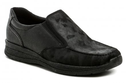 Pánská celoroční zdravotní vycházková obuv, vyrobená z pružného textilního materiálu vhodného pro chodidla s haluxy.