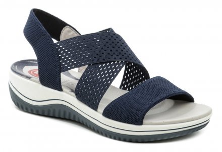 Dámská letní vycházková obuv šíře H, typu sandály na klínku. Obuv je vyrobená z kombinace pružného textilního materiálu.