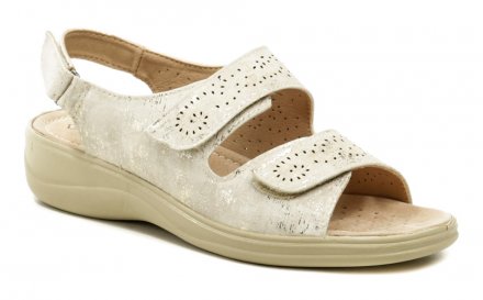Dámská letní vycházková obuv na mírném klínku se zapínáním přes nárt na suchý zip a také kolem paty, vyrobená z kombinace syntetické a přírodní kůže.