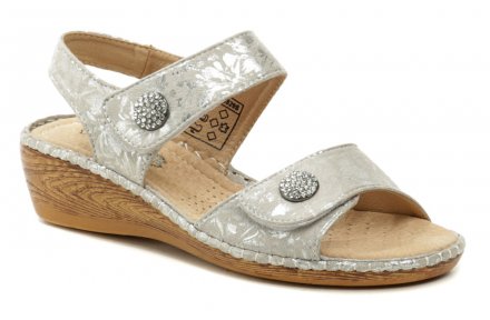 Dámská letní vycházková obuv na mírném klínku se zapínáním přes nárt na suchý zip, vyrobená z kombinace syntetické a přírodní kůže.