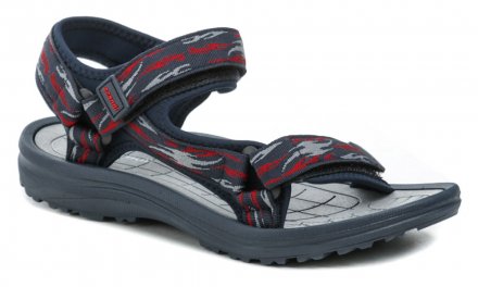 Letní vycházková obuv typu sandále se zapínáním na suchý zip vyrobená z kombinace ze syntetického a textilního materiálu.