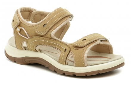 Letní vycházková obuv typu sandále se zapínáním na suchý zip vyrobená z textilního materiálu.