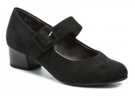 Dámská letní vycházková obuv na stabilním podpatku se zapínáním na pásek přes nárt se suchým zipem, vyrobená z textilního materiálu.