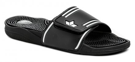 Pánská nadměrná nazouvací obuv typu plážovky s nastavitelným nártovým páskem pomocí suchého zipu, vyrobená ze syntetického materiálu. Obuv obsahuje masážní nášlap.