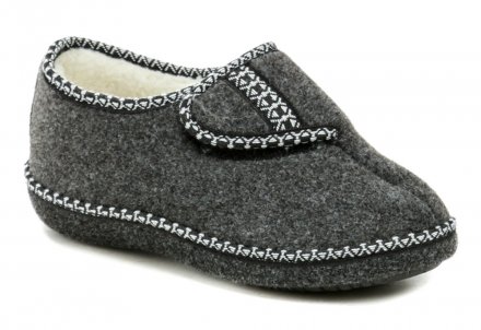 Dámská zimní domácí obuv se zapínáním na suchý zip, vyrobená z textilního materiálu a uvnitř zateplena textilním kožíškem.