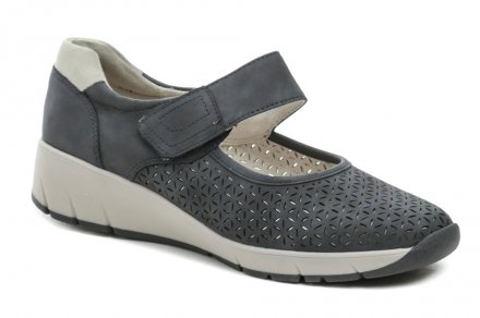 Dámská letní vycházková obuv na klínku se zalepováním na suchý zip, vyrobená ze syntetického materiálu.