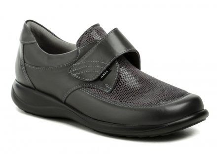 Dámská celoroční zdravotní vycházková obuv se zapínáním na suchý zip. Obuv je vyrobená z pravé přírodní kůže v kombinaci se strečovým materiálem na nártu, díky tomu je obuv vhodná i pro široká chodidla s haluxy.