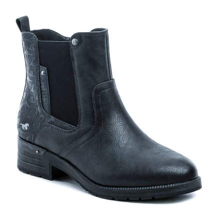 Mustang 15M0072001 navy dámská zimní obuv Dámská zimní kotníčková obuv na středním podpatku se zapínáním na zip, obuv je vyrobená ze syntetického materiálu, uvnitř zateplená chlupatým textilním kožíškem.