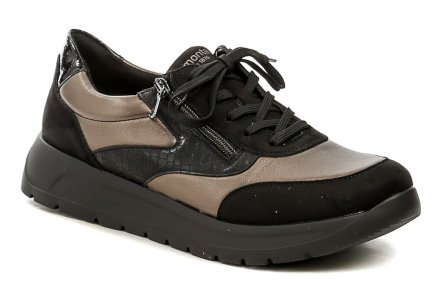 Remonte D2V02-04 černo bronzové dámské nadměrné polobotky Dámská celoroční vycházková obuv na šněrování i zip, vyrobená z kombinace textilního a syntetického materiálu. Obuv vyhovuje standardům Vegan.