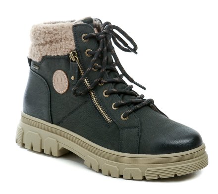 Zimní kotníčková vycházková obuv se zavazováním na tkaničky i běžný zip. Obuv je vyrobena ze syntetického materiálu, uvnitř zateplena jemným textilním kožíškem a membránou Romitex.