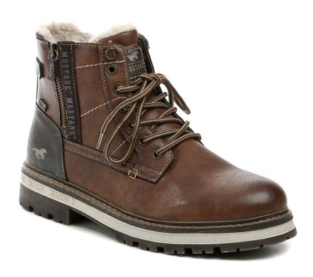 Pánská zimní kotníčková obuv na šněrování a také se zapínáním na zip. Obuv je vyrobená ze syntetického materiálu s membránou MustangTEX, uvnitř zateplená chlupatým textilním kožíškem.