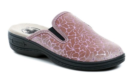 Dámská celoroční domácí zdravotní obuv na mírném klínku, vyrobená z pružného textilního materiálu vhodného pro chodidla s haluxy a stélkou z textilního materiálu.
