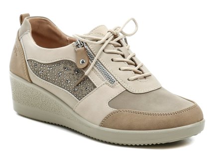 Dámská celoroční vycházková obuv na mírném klínku se šněrováním i zapínáním na zip. Obuv je vyrobená ze syntetického materiálu v kombinaci s přírodní kůží.