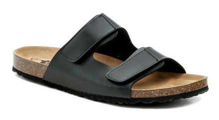 Pánská domácí a přezůvková nazouvací obuv, vyrobená z pravé přírodní kůže v kombinaci s textilním a syntetickým materiálem.