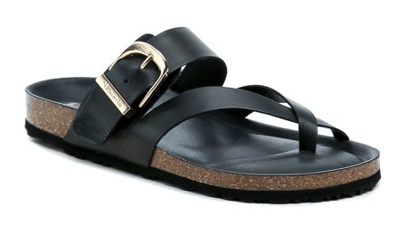 Dámská letní vycházková obuv typu nazouváky s úchopem mezi prsty, vyrobená z pravé přírodní kůže a syntetického materiálu.