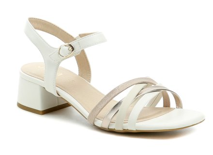 Dámská letní pásková obuv na stabilním podpatku se zapínáním na pásek se sponou kolem kotníku, vyrobená z kombinace syntetického a textilního materiálu.