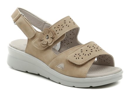 Dámská letní vycházková obuv typu sandály na mírném klínku s nastavitelnými pásky pomocí suchého zipu. Obuv je vyrobena ze syntetického materiálu.