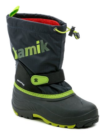 Dětská zimní vyteplená nepromokavá obuv WATERPROOF, vyrobená ze syntetického materiálu v kombinaci s textilním nylonovým svrškem.