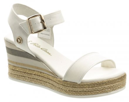 Dámská letní vycházková sandálová obuv na platformě se zapínáním kolem kotníku, vyrobená z textilního materiálu.