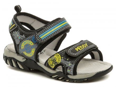 Dětská letní vycházková sandálová obuv, vyrobená z kombinace syntetické kůže s textilním materiálem.