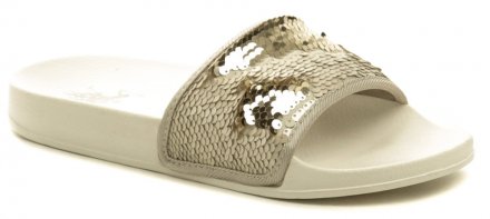 Dámská letní rekreační nazouvací obuv typu plážovky s ozdobnými flitry, které lze otáčet a tvořit obrazce. Obuv vyrobená ze syntetického materiálu v kombinaci s textilním materiálem.