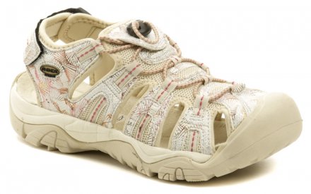Letní vycházková obuv se zapínáním na pásek kolem paty pomocí suchého zipu. Obuv je vyrobená z kombinace syntetického a textilního materiálu.