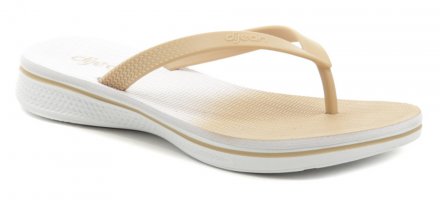 Dámská letní rekreační nazouvací pásková obuv s úchopem mezi prsty. Žabky jsou vyrobeny ze syntetického materiálu.