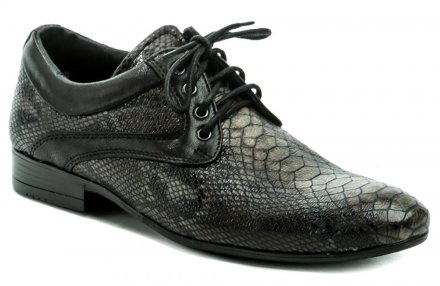 Pánská celoroční společenská a vycházková obuv moderního vzhledu na šněrování, vyrobená z pravé přírodní kůže s hadí úpravou.
