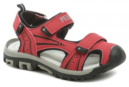 Dětská letní vycházková sandálová obuv s uzavřenou špicí, vyrobená z kombinace syntetické kůže s textilním materiálem.