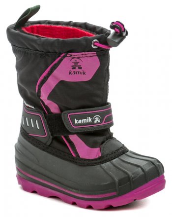 Dětská zimní vyteplená nepromokavá obuv s utahováním na suchý zip v oblasti kotníku a zdrhovadlem s tkanicí na horní hraně límce, vyrobená z kombinace syntetické gumy s textilním materiálem .