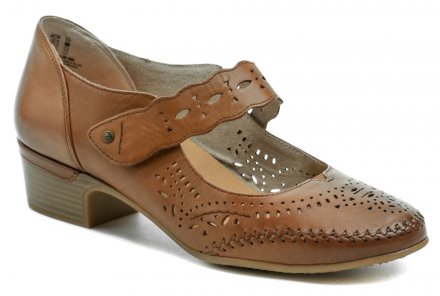 Dámská letní vycházková obuv na stabilním podpatku se zapínáním na pásek přes nárt se suchým zipem, vyrobená z pravé přírodní kůže.