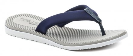 Dámská letní rekreační nazouvací obuv typu žabky s úchopem mezi prsty. Obuv vyrobená ze syntetického materiálu, pásek je textilní.
