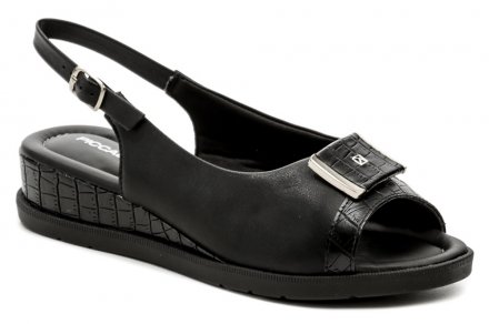 Dámská letní vycházková obuv s volnou špicí, na mírném stabilním klínku, se zapínáním na pásek kolem paty. Obuv je vyrobená ze syntetického materiálu.