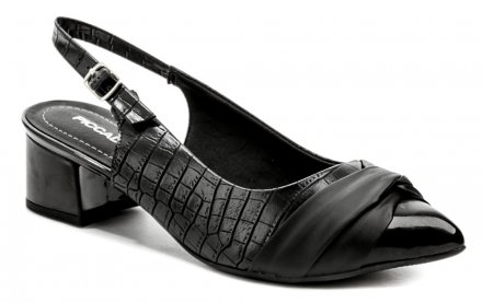 Dámská letní vycházková obuv na podpatku se zapínáním na pásek kolem paty. Obuv je vyrobená z kombinace syntetického a textilního materiálu.