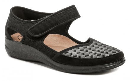 Dámská letní vycházková zdravotní obuv, vyrobena z textilního pružného materiálu vhodného pro haluxy. Stélka obuvi je z pravé přírodní kůže, vybavená podporou příčné klenby.