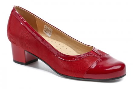 Dámská společenská i vycházková obuv na středním podpatku, vyrobená z pravé přírodní kůže s lakovanou špicí.