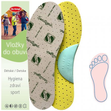Dětské stélky voňavé pro vložení do obuvi s ortoklenkem podpírající podélnou klenbu, vyrobená z kombinace syntetického pěnového materiálu s textilním materiálem. 