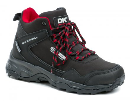 Dámská celoroční outdoorová kotníčková obuv značky DK na šněrování, vyrobená z kombinace syntetického a textilního voděodolného SOFTSHELL materiálu.