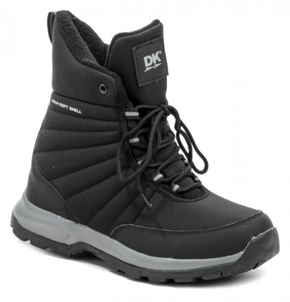 Dámská zimní kotníčková obuv značky DK na šněrování, vyrobená z kombinace syntetického a textilního voděodolného SOFTSHELL materiálu.