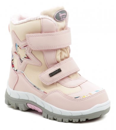 Dětská zimní rekreační kotníčková obuv se zapínáním na suchý zip, vyrobená z kombinace textilního SOFTSHELL materiálu s membránou WATERPROOF.