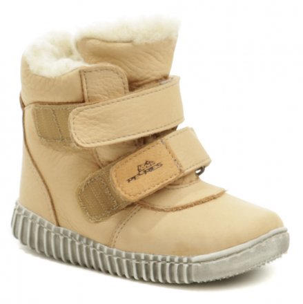 Dětská zimní vycházková kotníčková obuv se zapínáním na suchý zip, vyrobená z pravé přírodní kůže v kombinaci s textilním materiálem. Obuv má barefoot měkkou podešev.