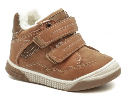 Dětská zimní kotníčková obuv se zalepováním na suchý zip a také na obyčejný zip, vyrobená ze syntetického materiálu.
