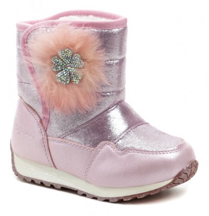 Dětská zimní kotníčková obuv se zapínáním na suchý zip, vyrobená ze syntetického a textilního materiálu, uvnitř kompletně zateplená textilním chlupatým kožíškem.