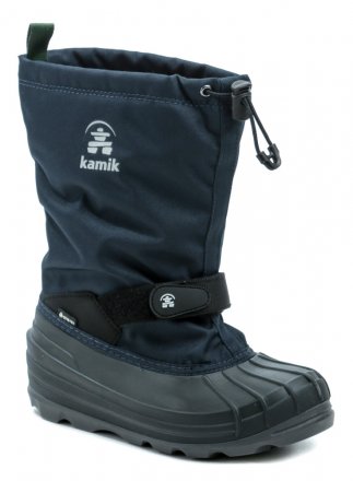 Dětská zimní vyteplená nepromokavá obuv s membránou Gore-Tex, vyrobená ze syntetického materiálu v kombinaci s textilním nylonovým svrškem.