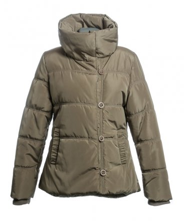 Dámská zimní bunda se zapínáním na zip a knoflíky. Kabát je vyroben 100% z polyesteru a v límci je skrytá kapuce.