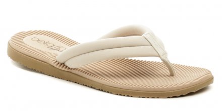 Dámská letní rekreační nazouvací obuv typu žabky s úchopem mezi prsty. Obuv vyrobená ze syntetického materiálu, pásek je textilní.